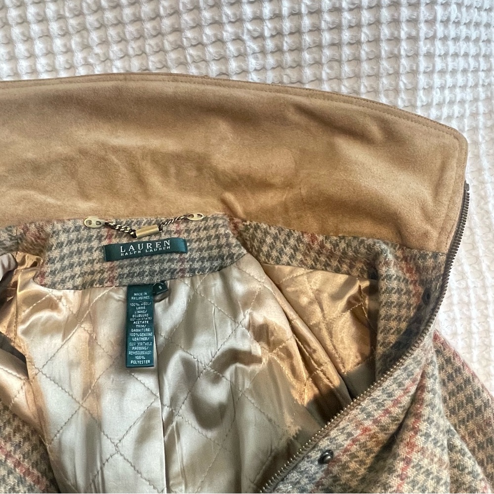Vintage Lauren Ralph Lauren Houndstooth Wool Jacket Leather Trim Full Zip Sz S - Picture 11 of 12